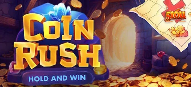 Interface vibrante do slot Coin Rush com moedas e elementos de bônus